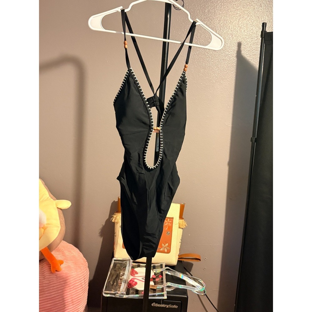 Shade&Shore Black Plunge V-Neck Beaded Extra Hi Leg 1 Pc Swimsuit Size S 4-6